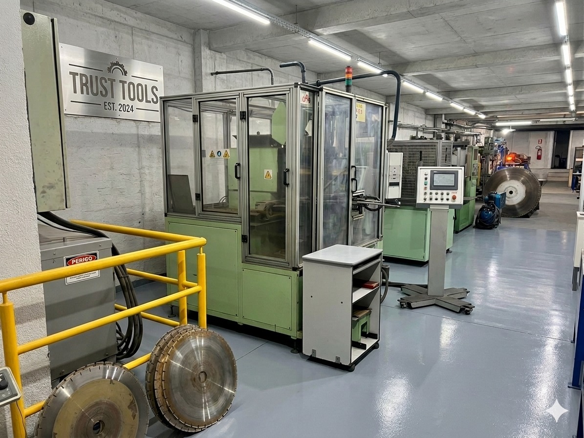 Interior da fábrica Trust Tools com máquinas e produtos